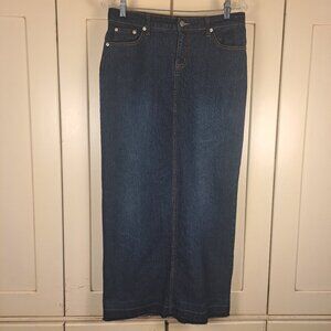 GODDESS Denim Maxi Skirt Back Slit Dark Wash Size US 9/10